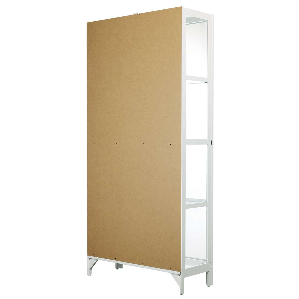 Tall bookshelf with four open shelves and a plain back panel.