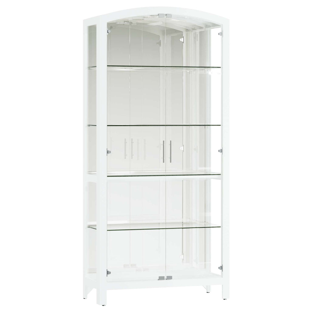 White glass display cabinet with multiple shelves