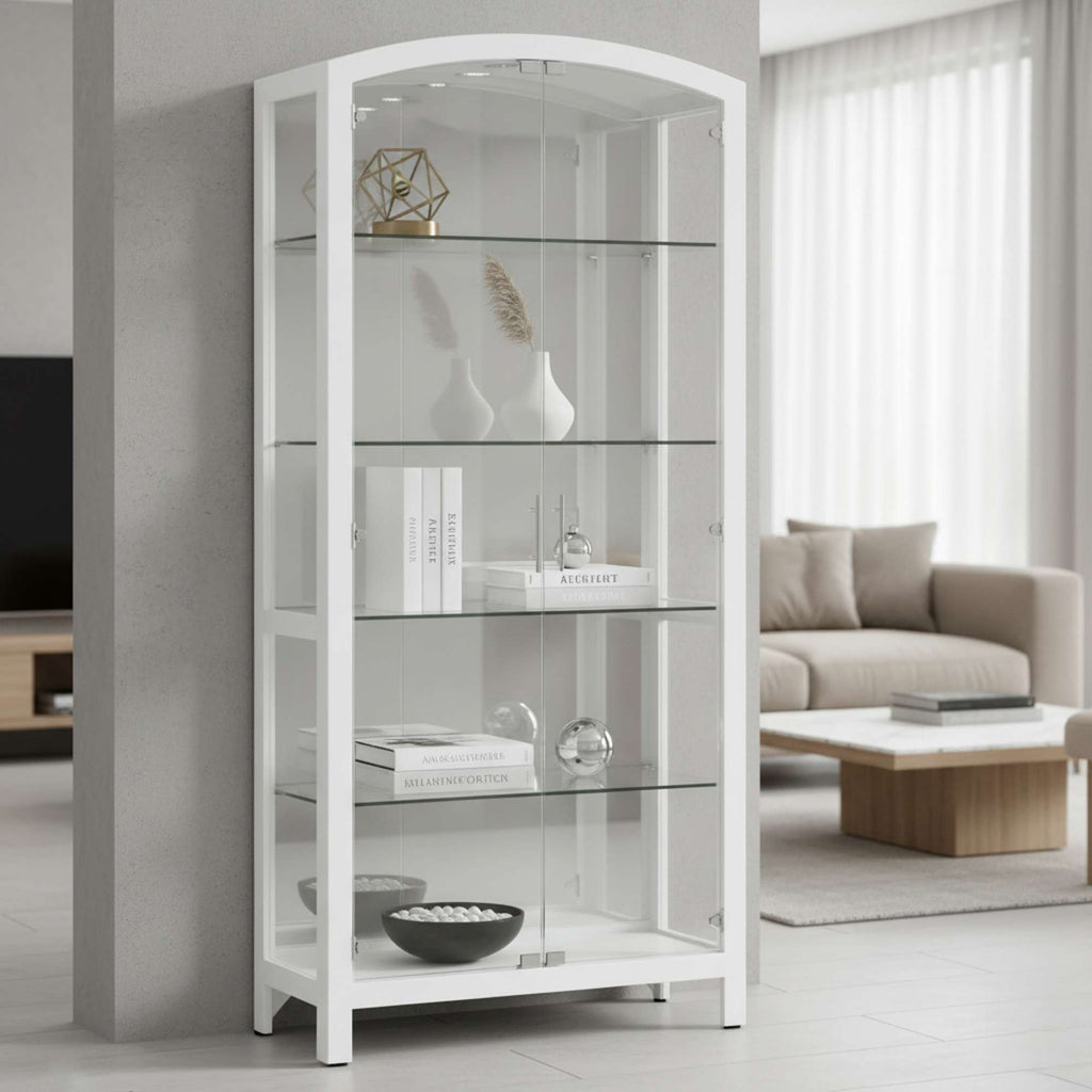 Modern white display cabinet with glass shelves in a bright living room