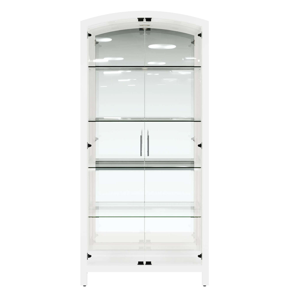 Modern glass display cabinet with multiple shelves and white frame
