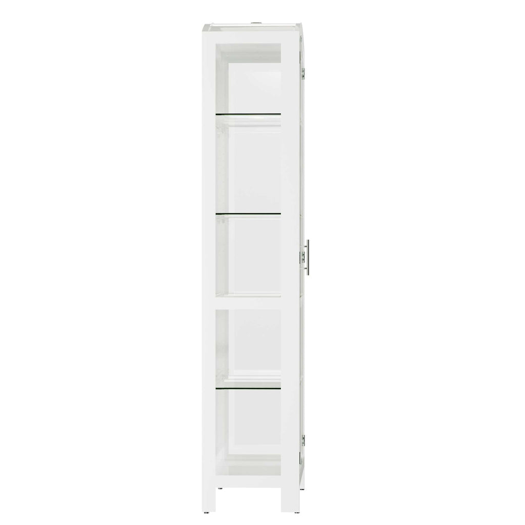Narrow white cabinet with glass shelves