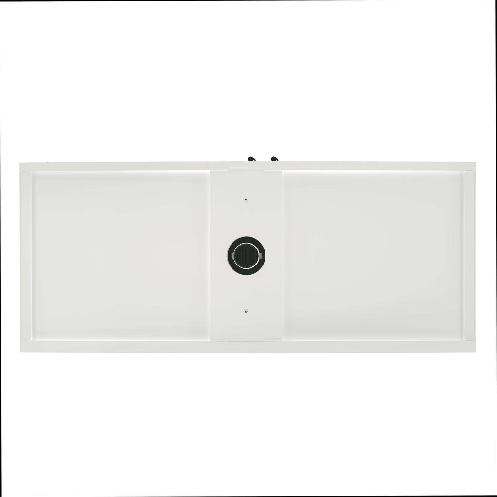 A top view of a white dual compartment kitchen sink with a circular drain hole.