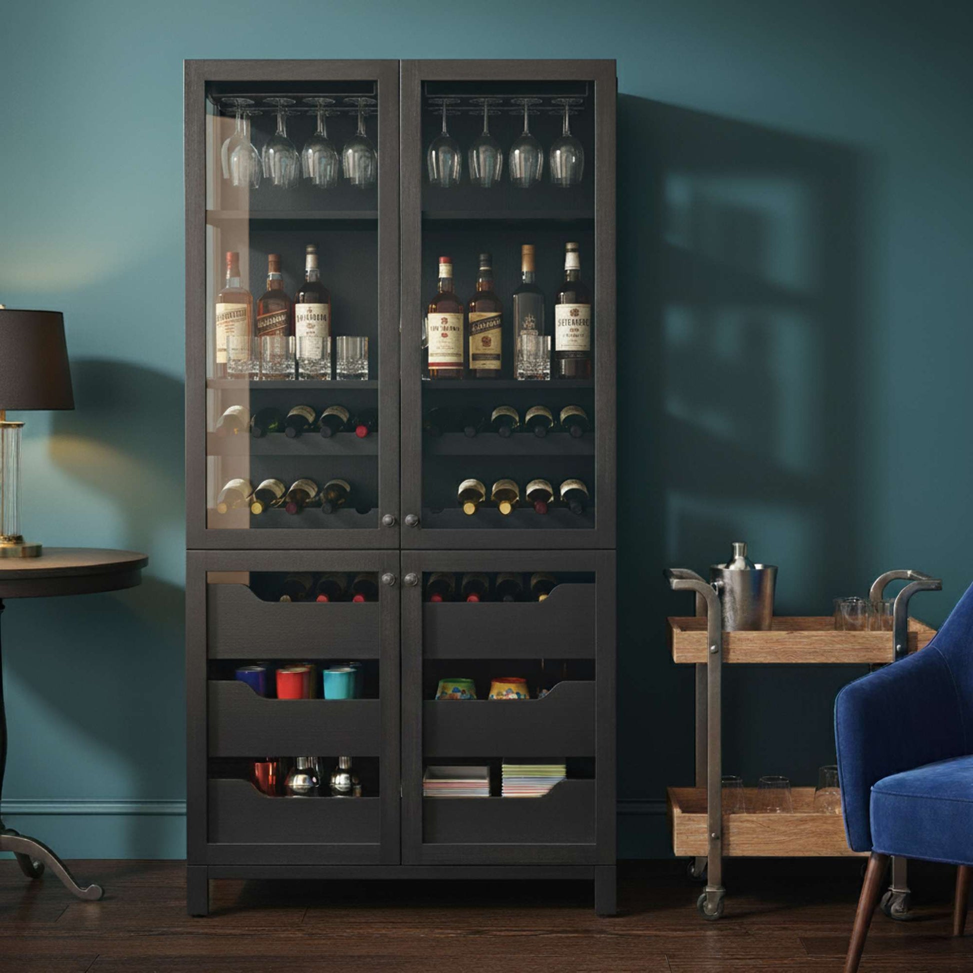 A stylish black cabinet displaying various bottles of alcohol and wine glasses, against a teal wall.