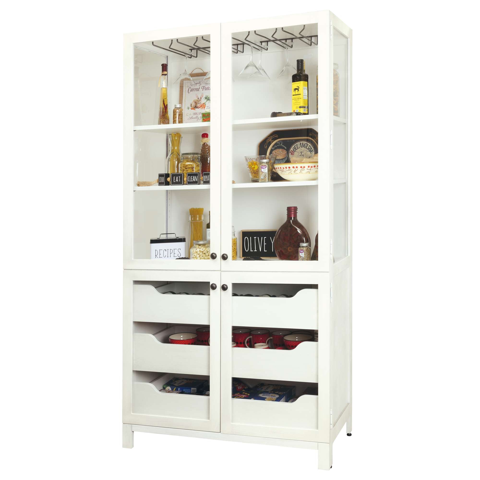 White glass-front cabinet displaying various bottles and dishes