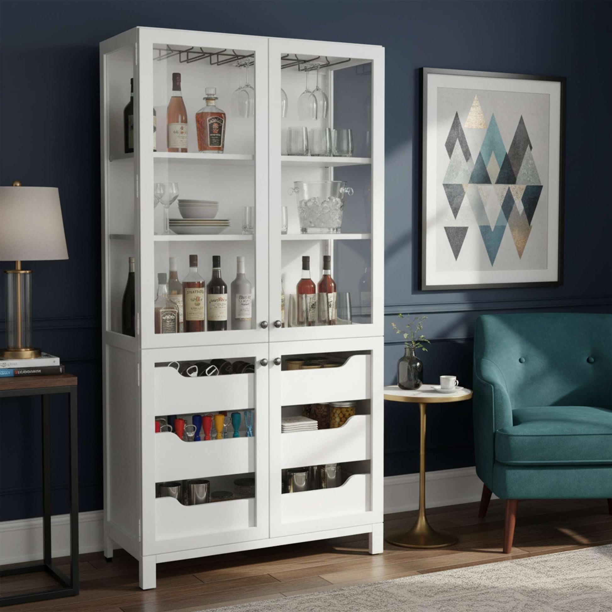 A stylish white cabinet displaying beverages and glassware in a modern living room setting.