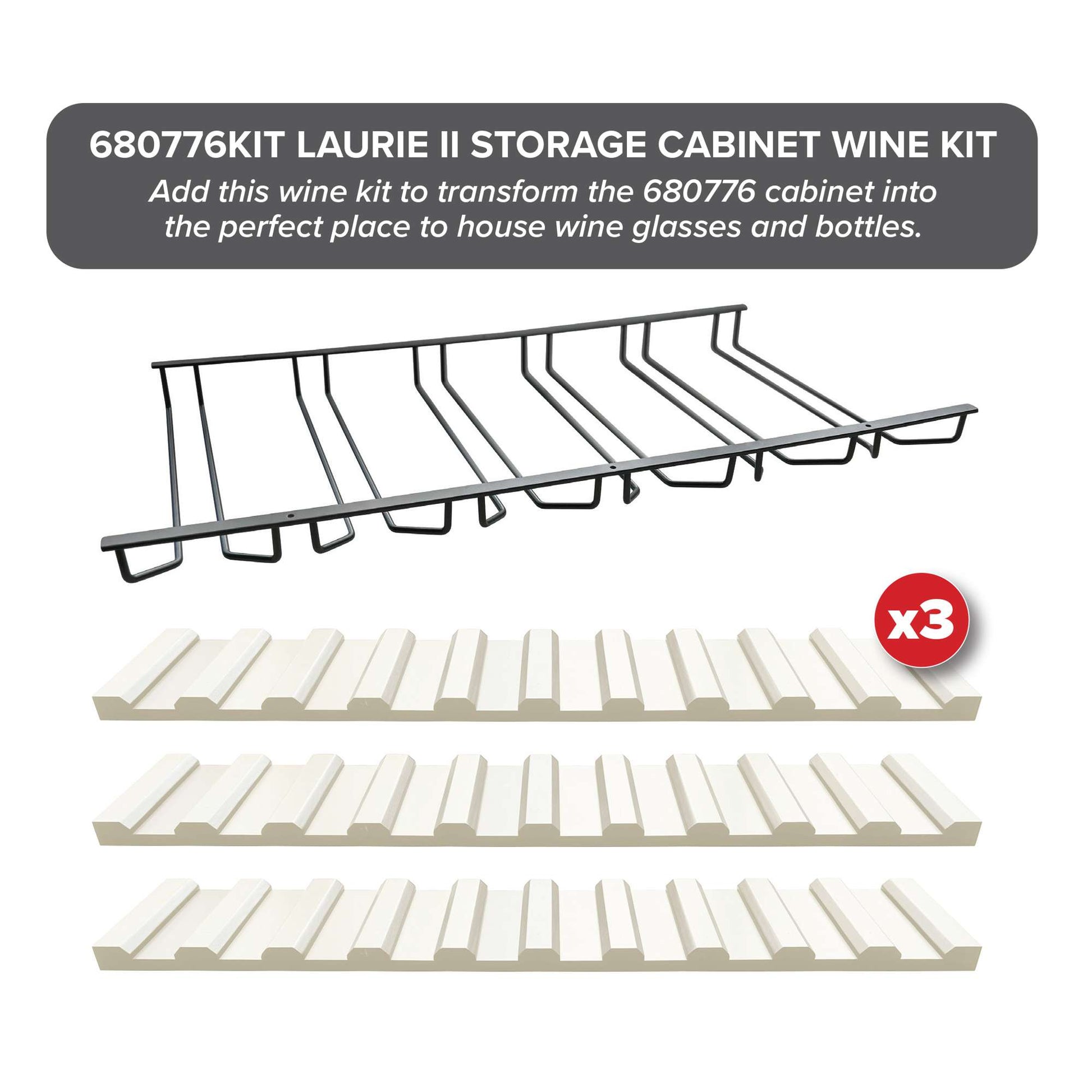 Wine storage cabinet kit including a metal rack and three shelves for glasses and bottles.