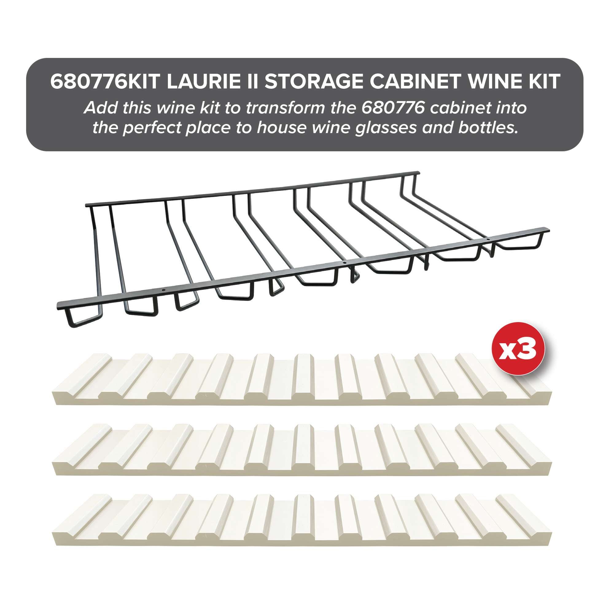 Wine storage cabinet kit including a metal rack and three shelves for glasses and bottles.