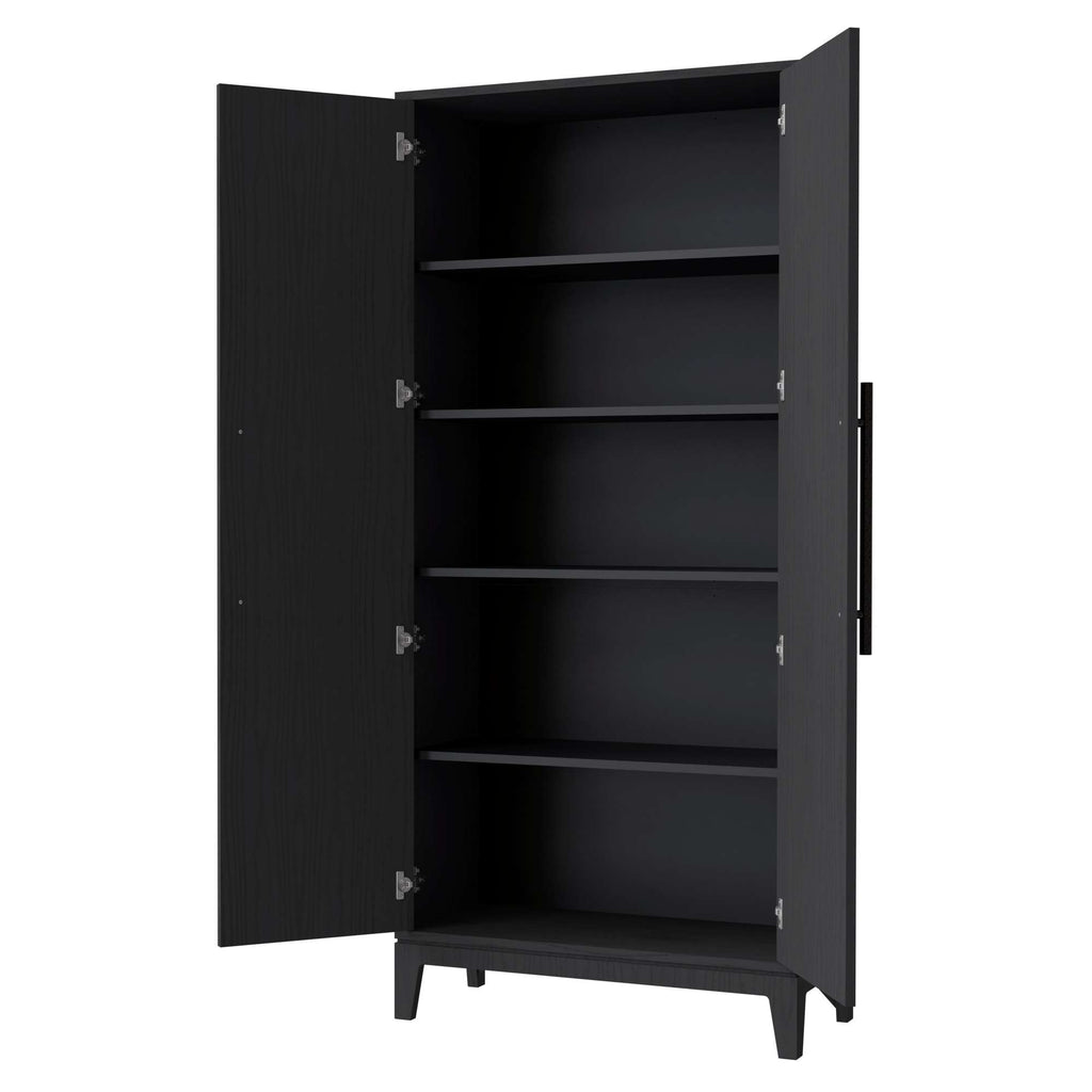Open black storage cabinet with five shelves