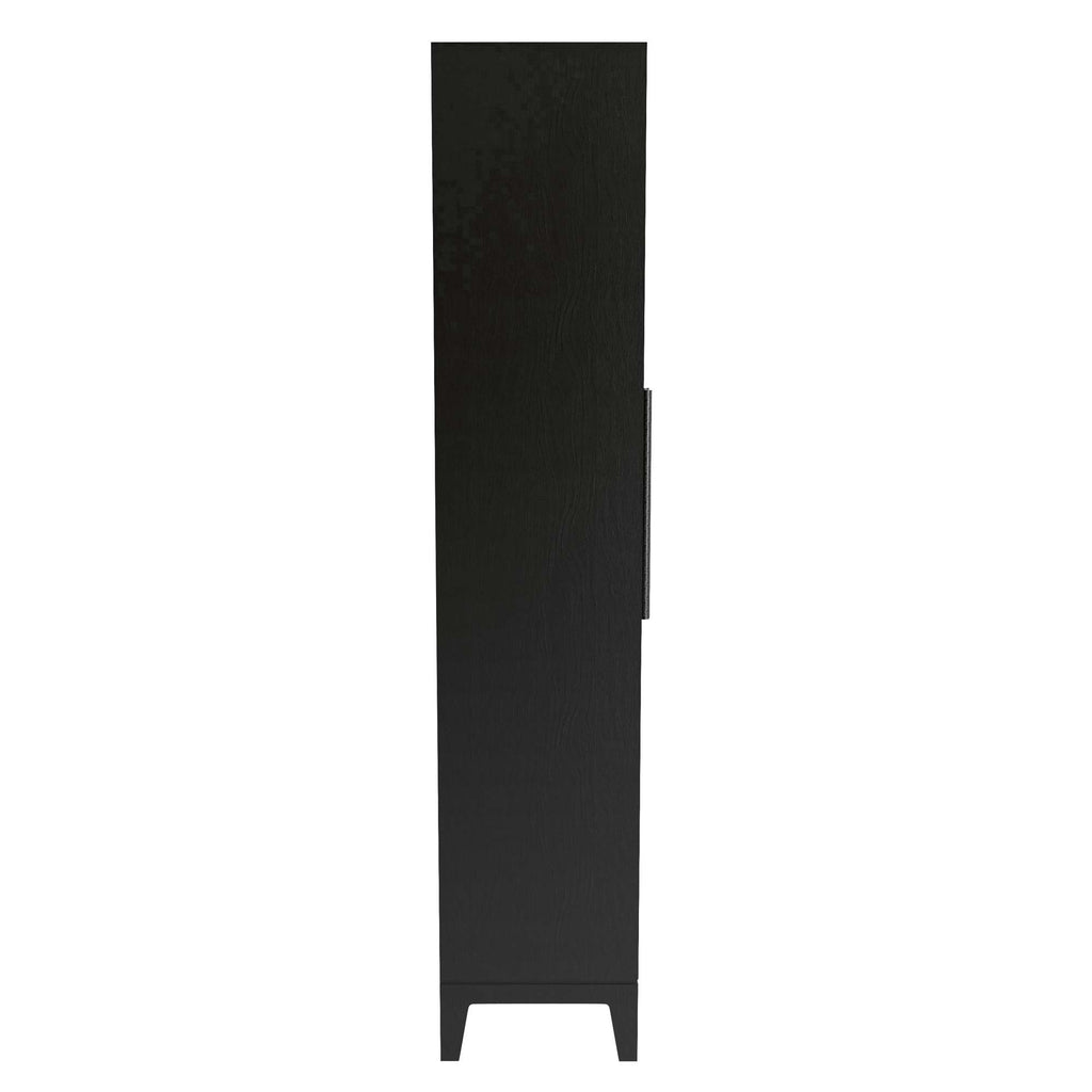 Slim black storage cabinet with a single door