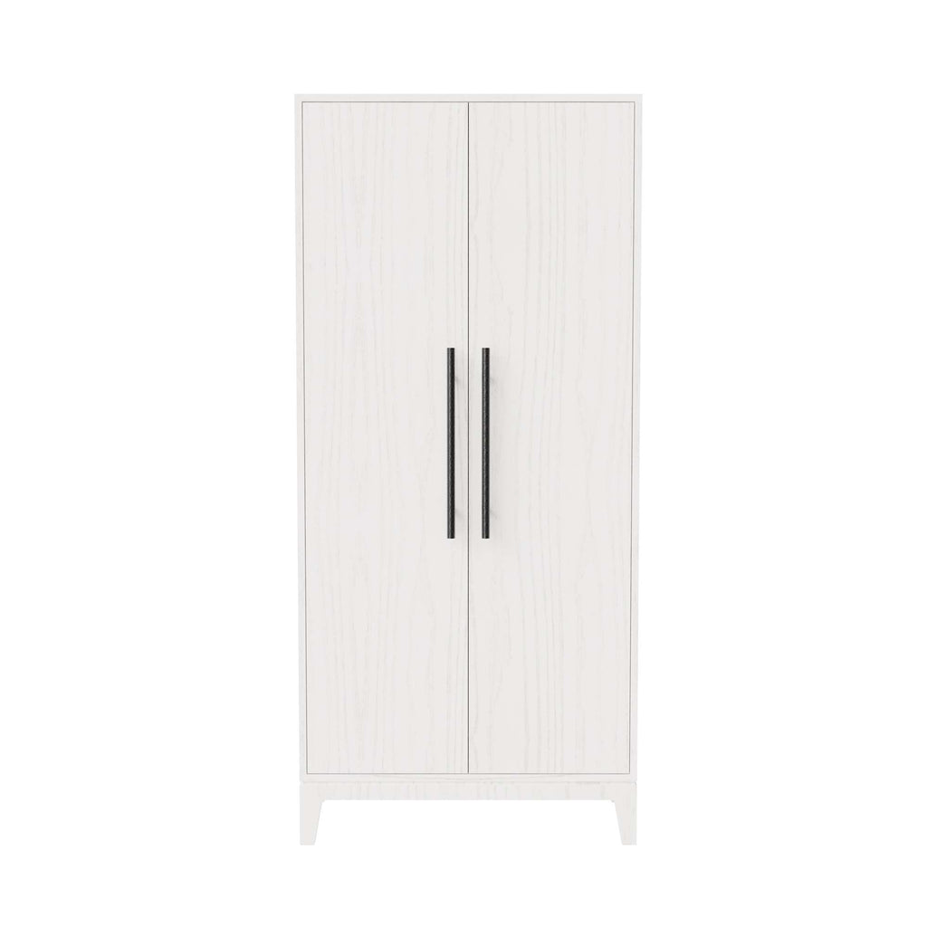 White wooden wardrobe with double doors and black handles