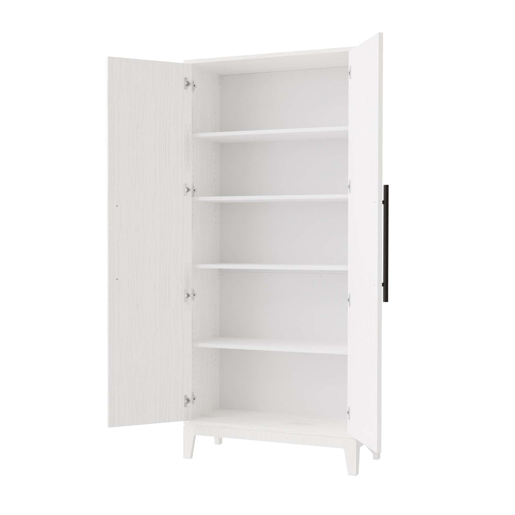 White cabinet with open doors and empty shelves