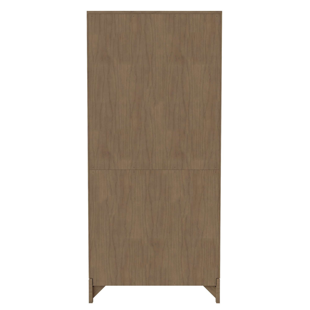 Front view of a tall wooden cabinet with a minimalist design.