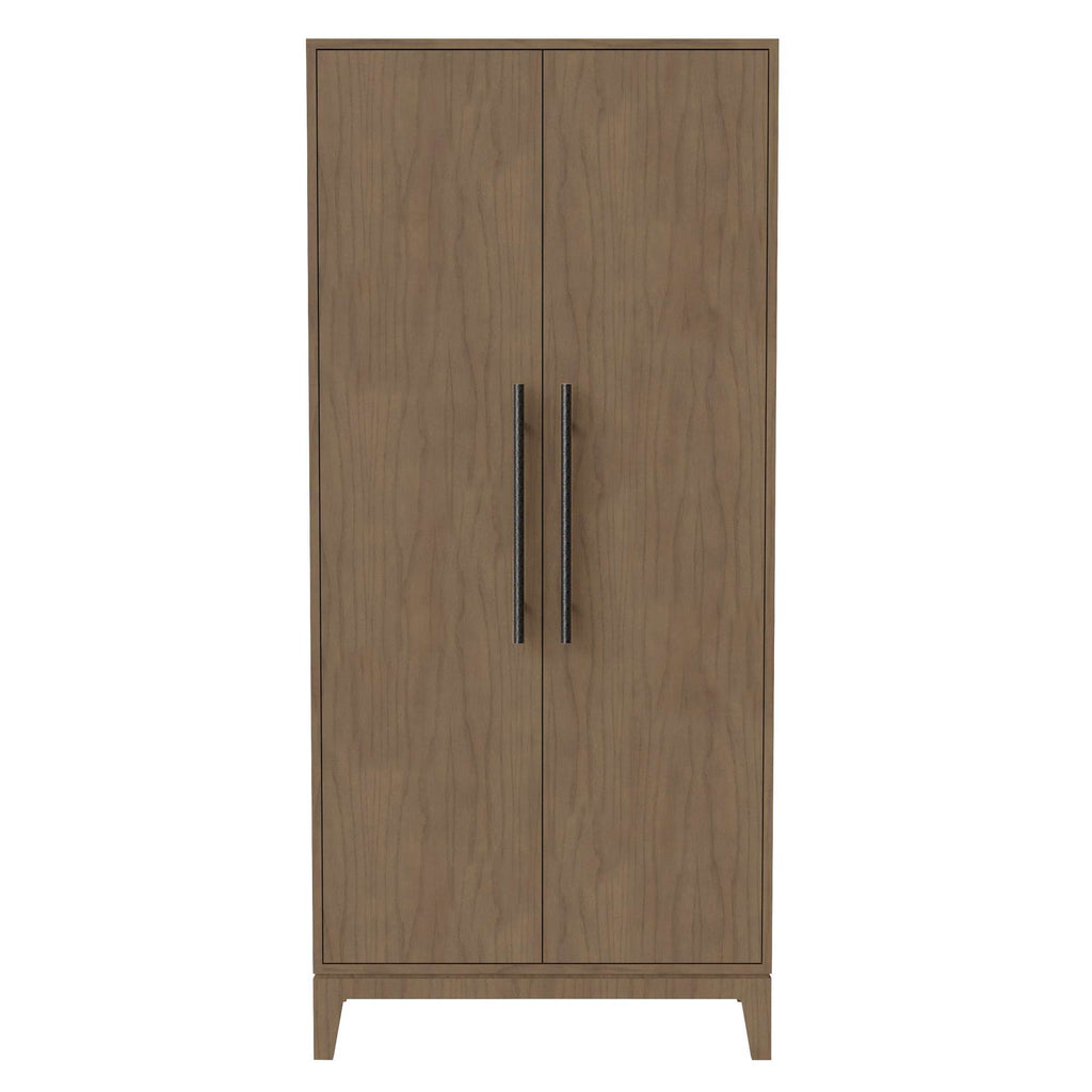 Tall wooden cabinet with two doors and black handles