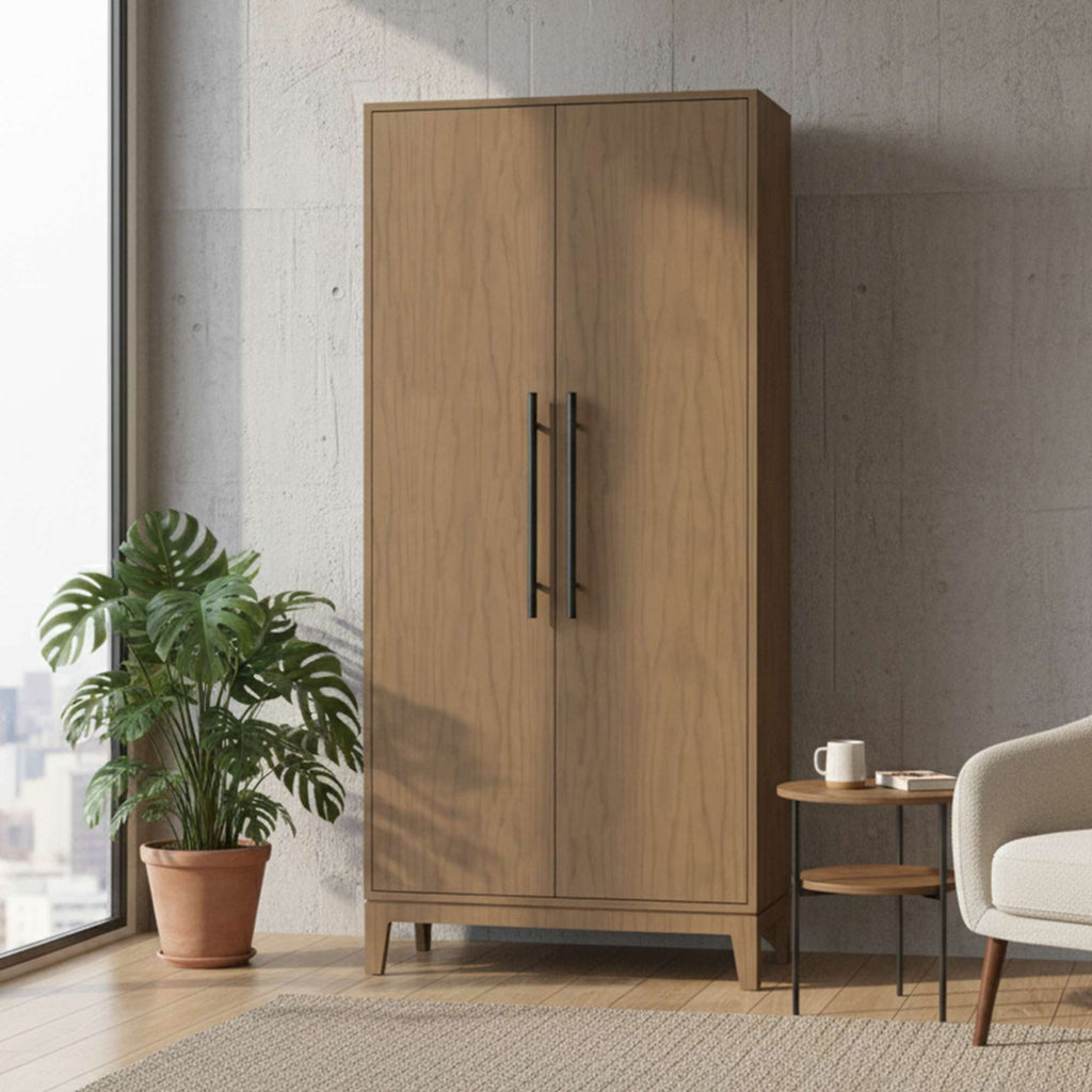 Modern wooden wardrobe beside a potted plant and a small side table