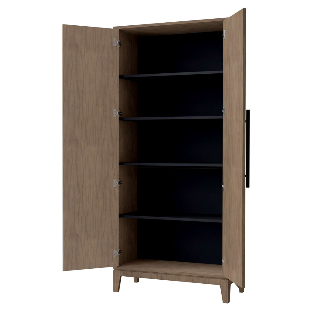 Wooden cabinet with open doors and multiple shelves.