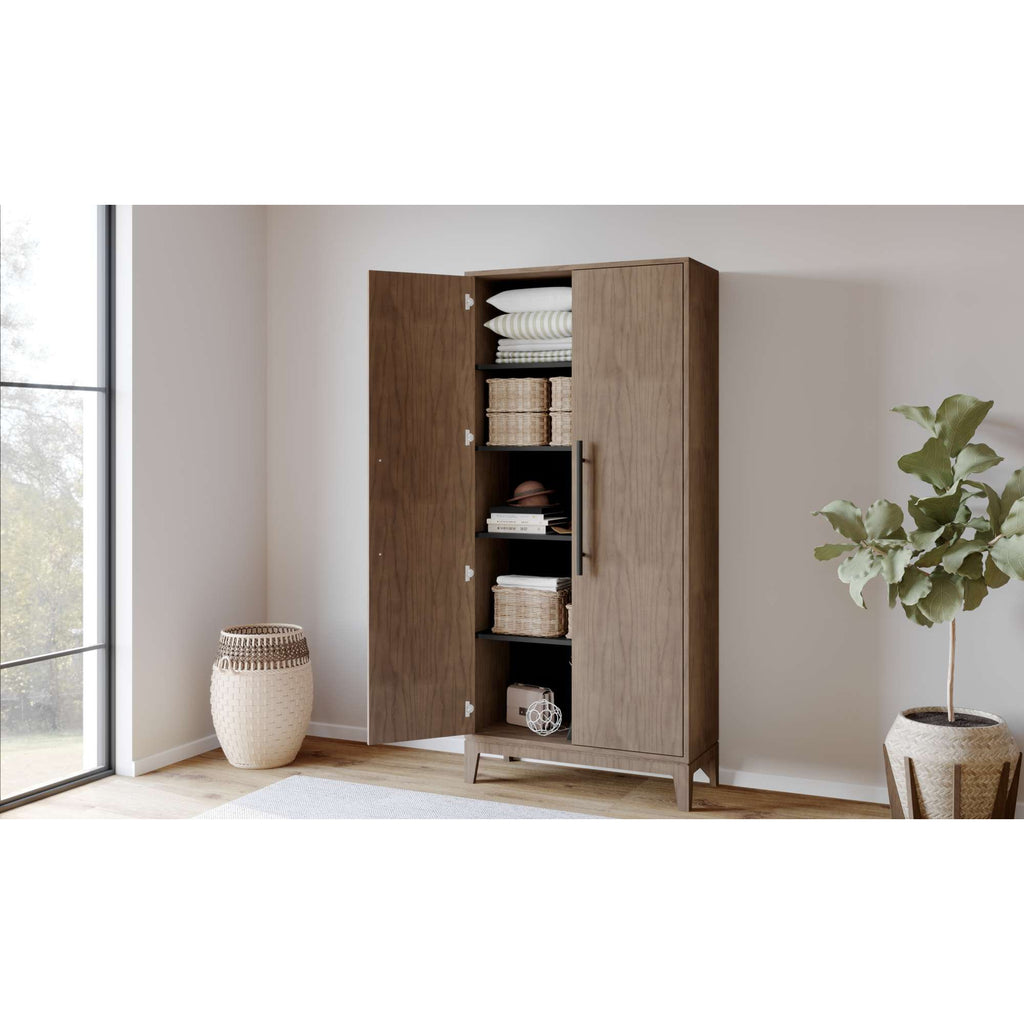Modern wooden cabinet with open doors displaying shelves and neatly arranged items, in a bright room with a plant.