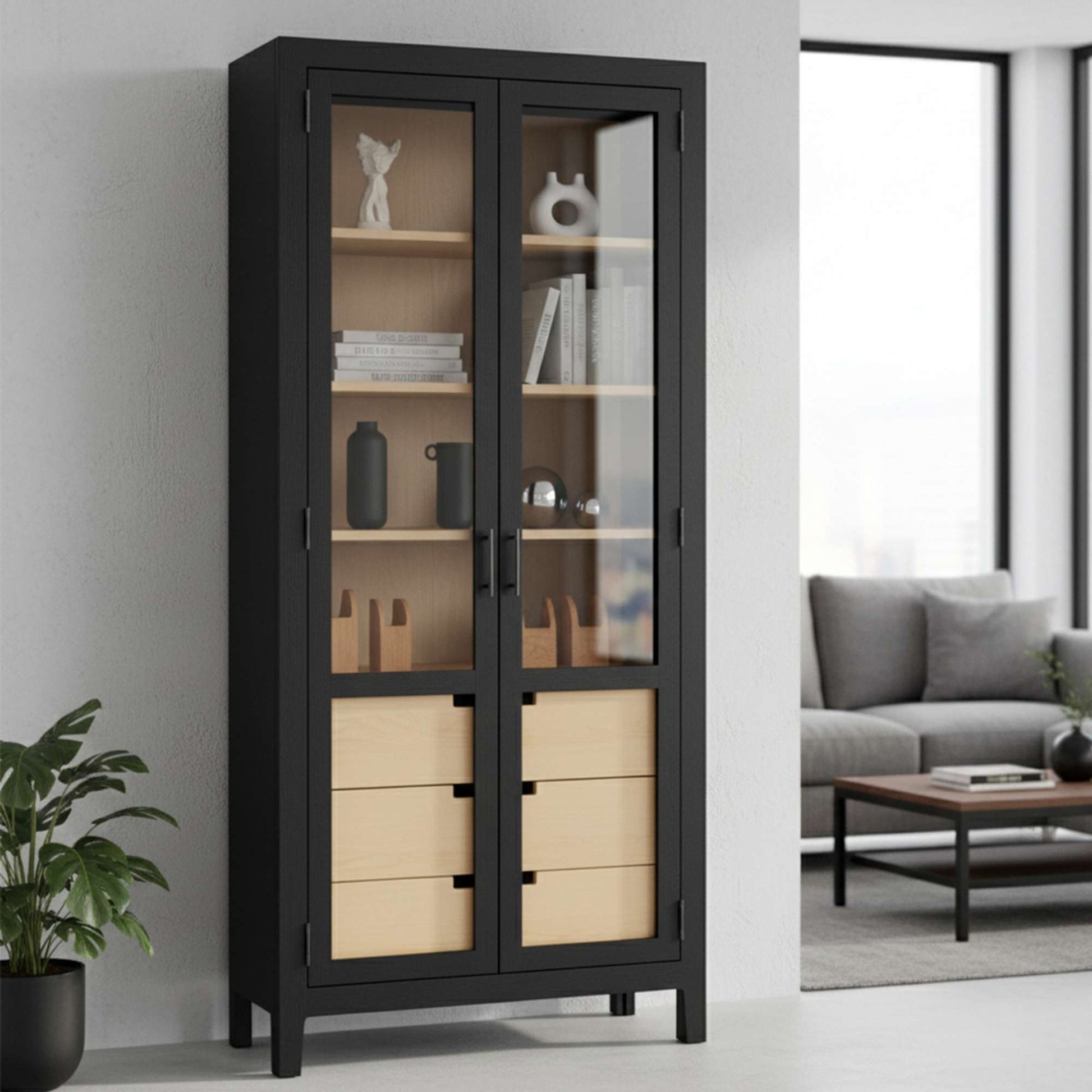 Modern double-door cabinet with glass shelves and drawers in a stylish living room setting.