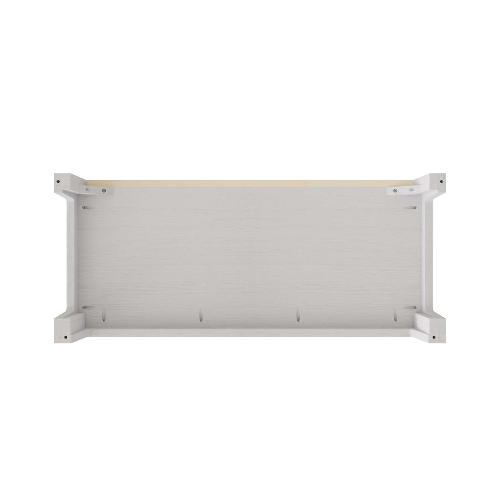 Top view of a minimalist gray shelf with wooden accents.