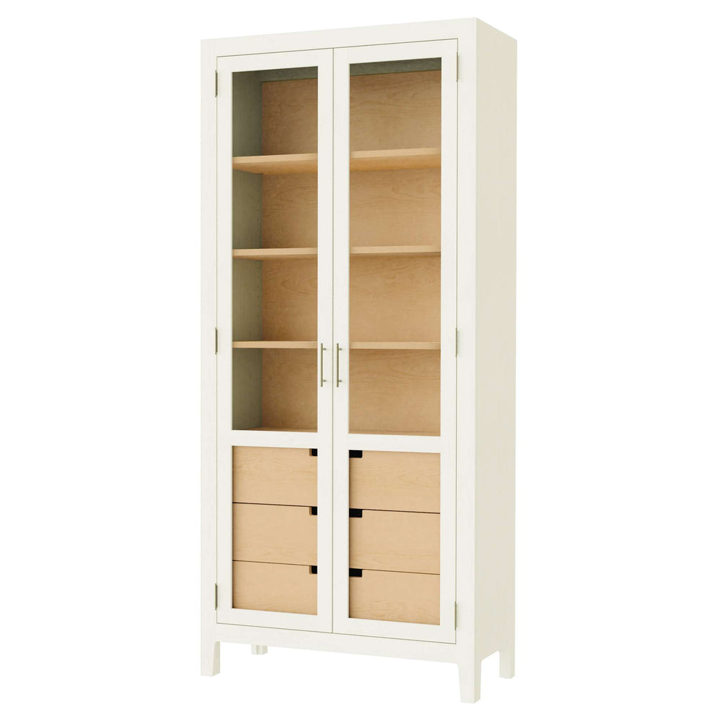 A tall, white cabinet with glass doors and wooden shelves and drawers.