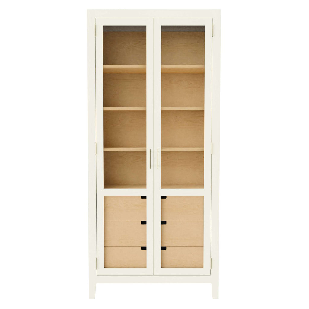White cabinet with glass doors and wooden shelves