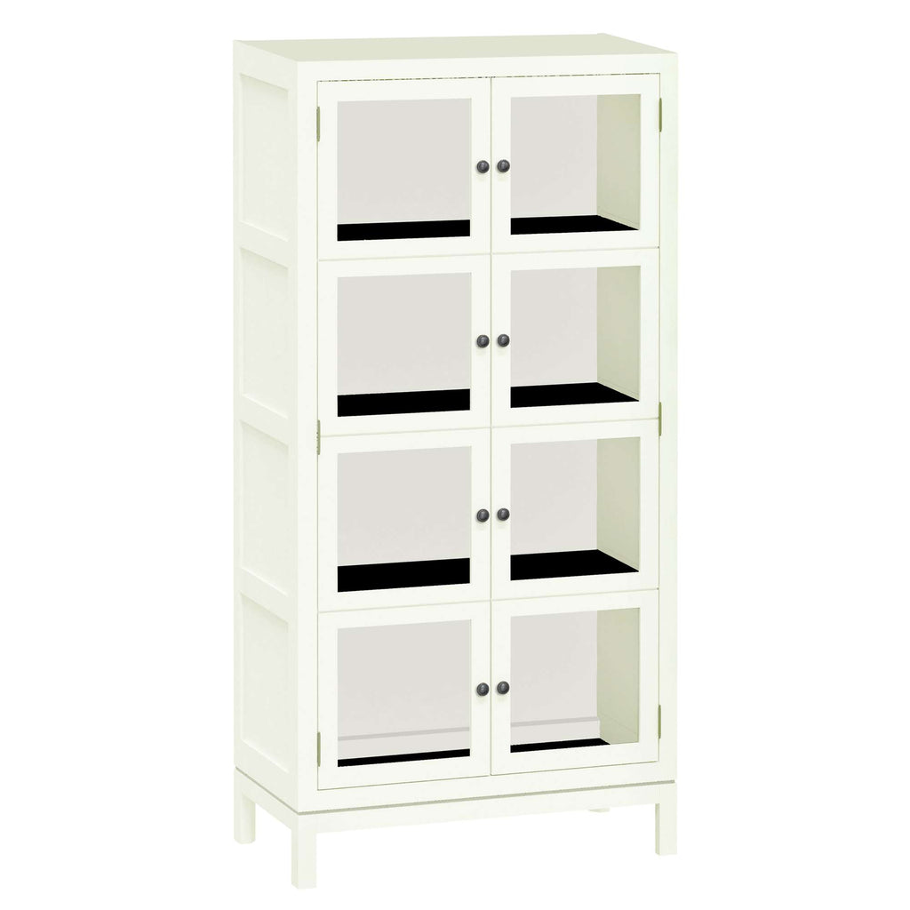 A tall, white display cabinet with glass doors and six shelves.