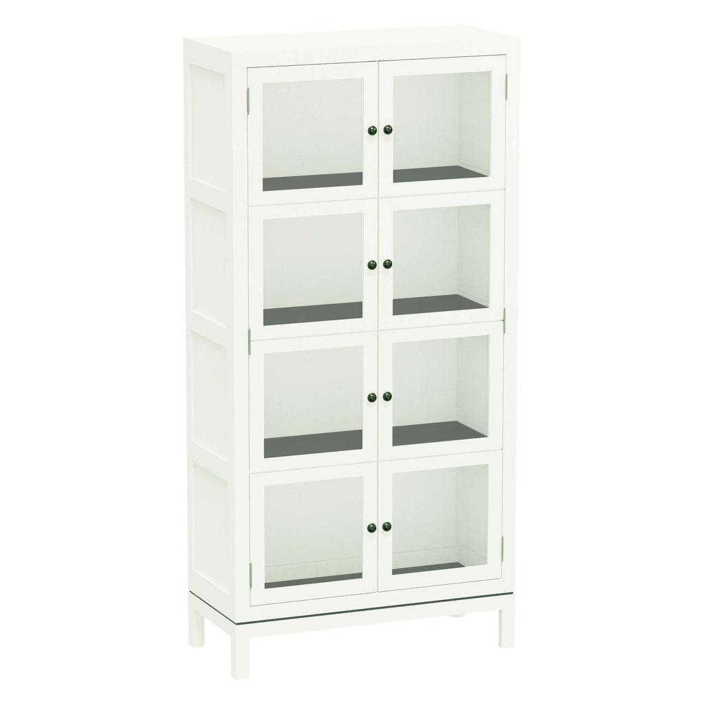 A tall, white display cabinet with glass doors and black shelves.