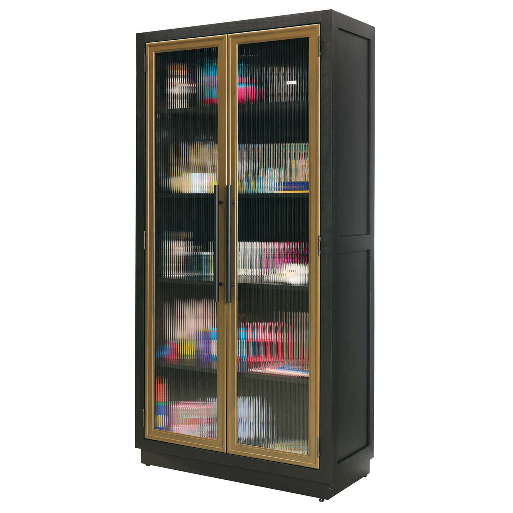 A tall black display cabinet with glass doors and shelves filled with various items