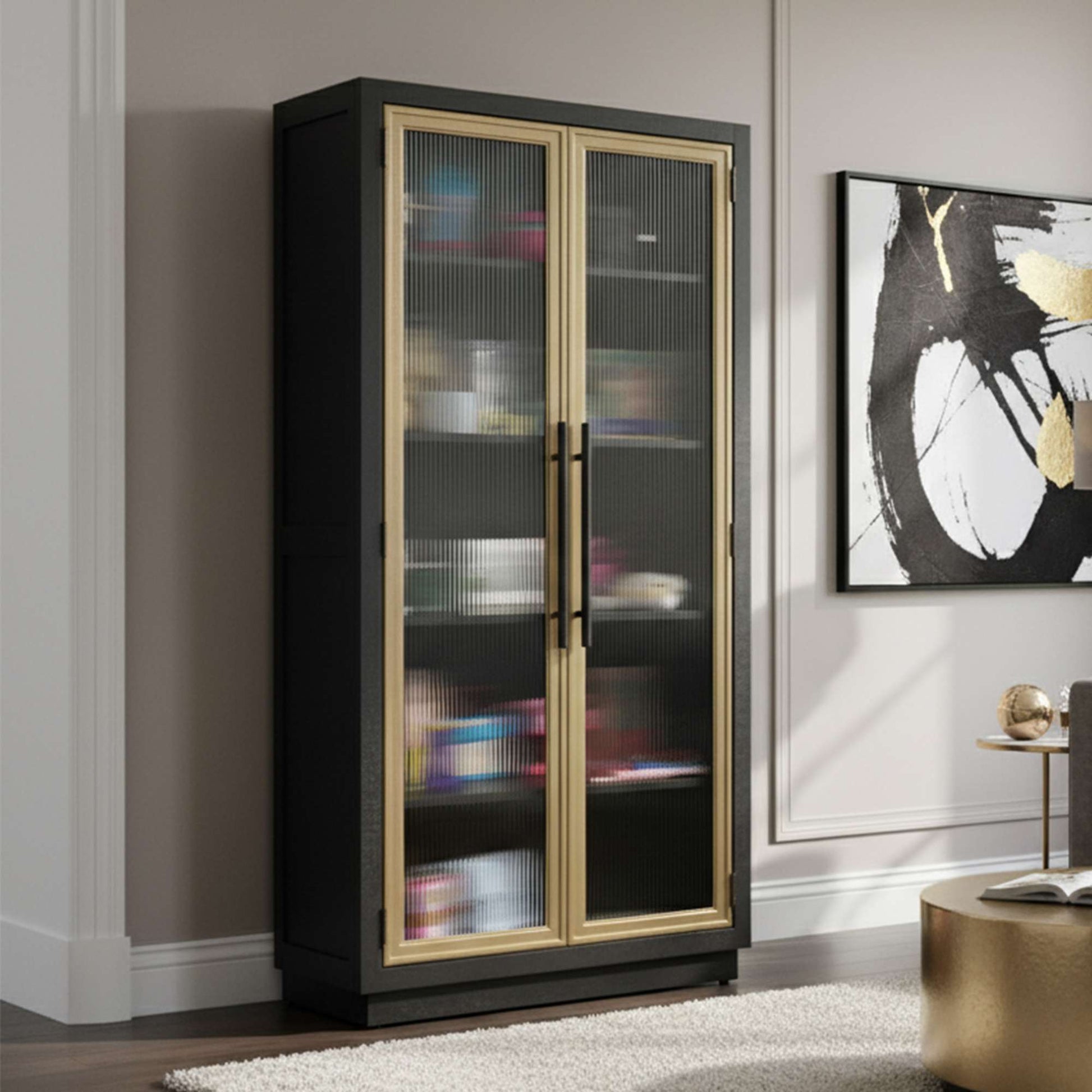 Modern glass-front cabinet with gold accents in a stylish room