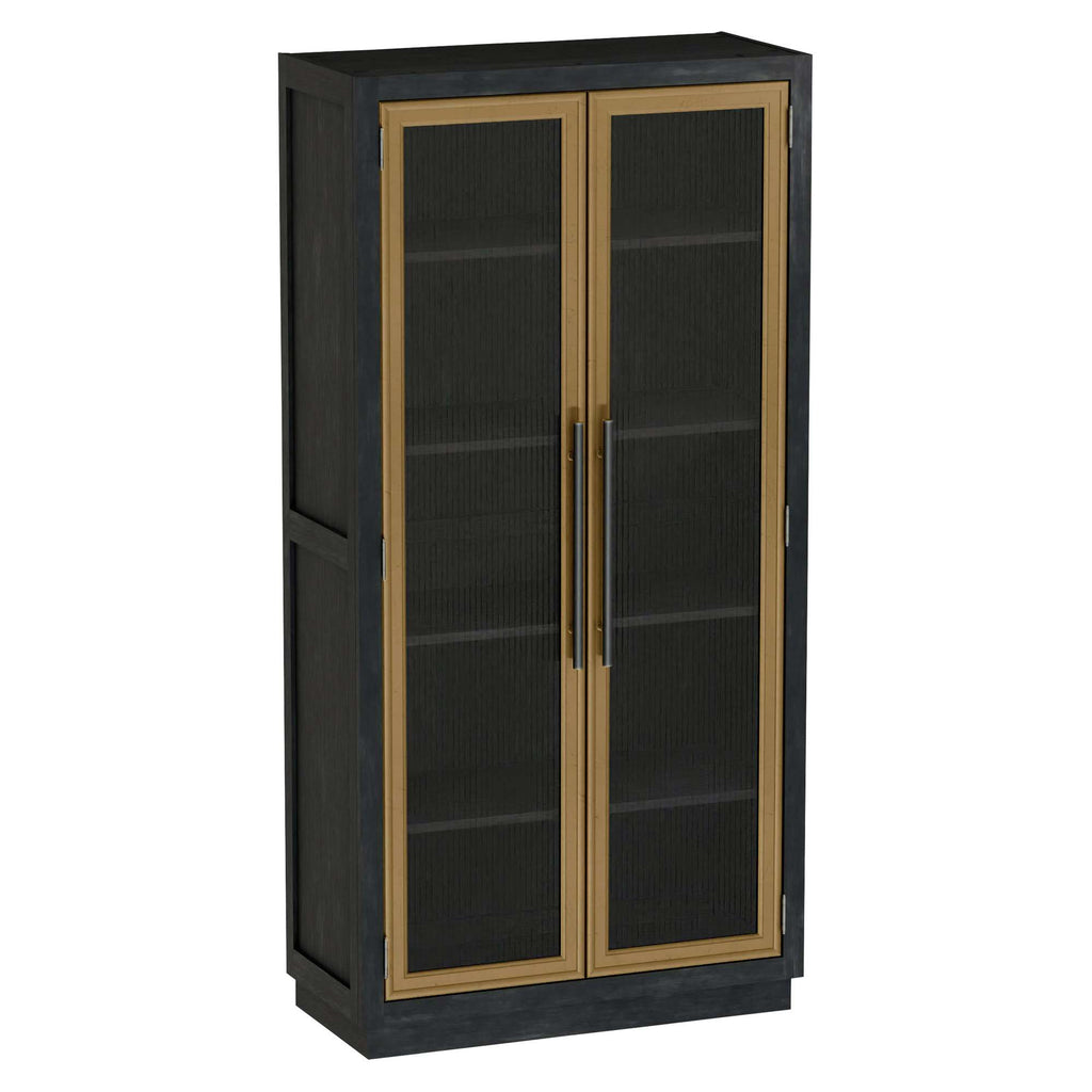 A tall cabinet with double doors featuring a black finish and gold handles.