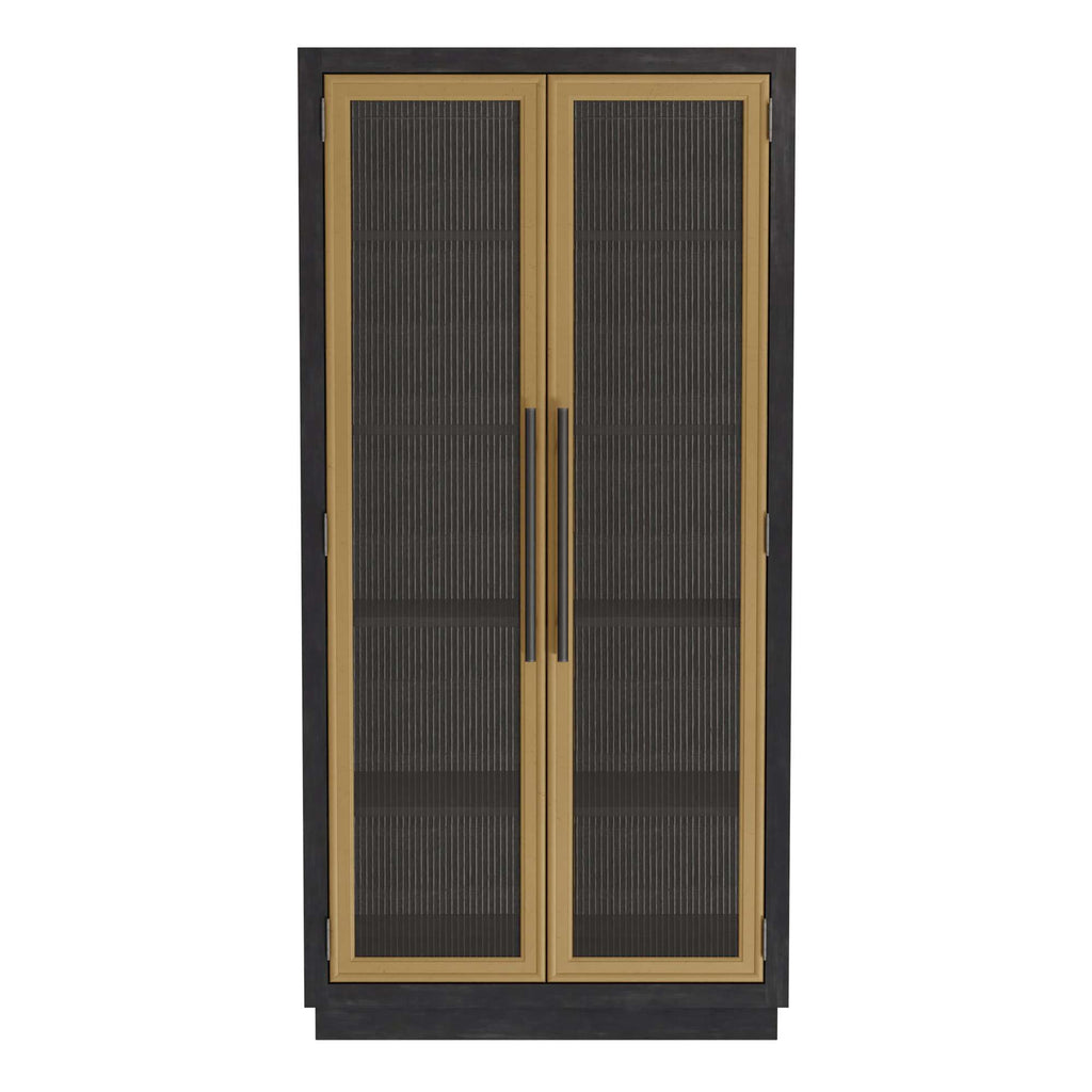Double-door cabinet with black frame and gold accents