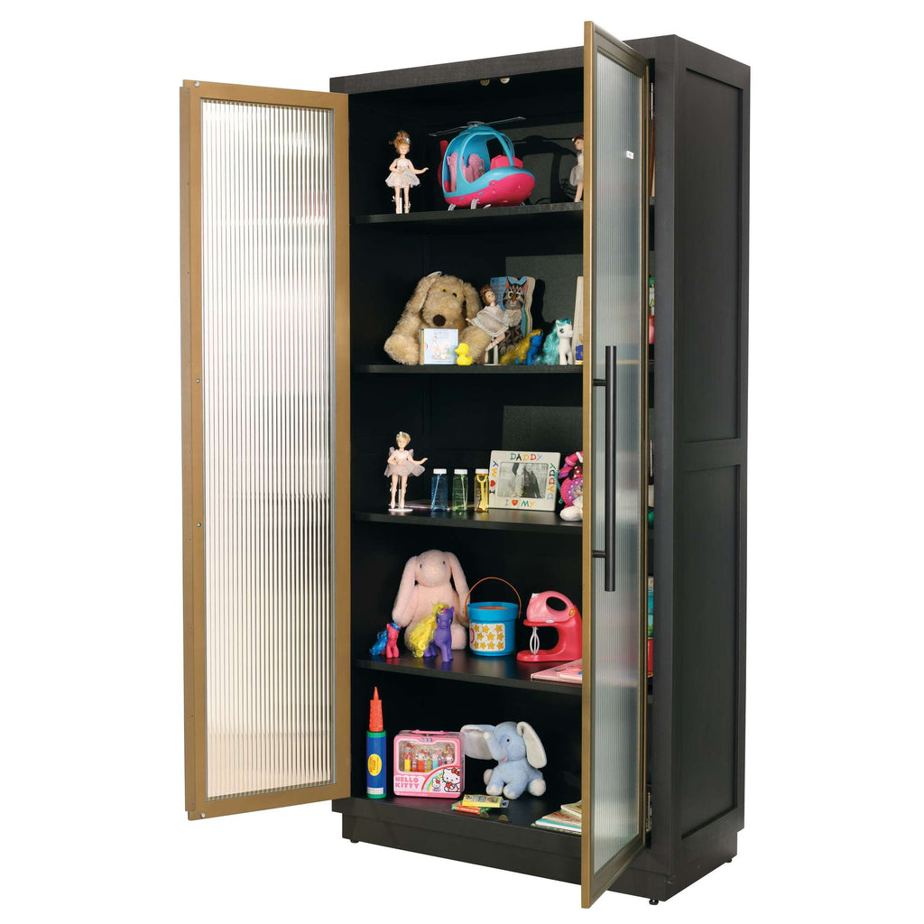 A black storage cabinet with glass doors, displaying toys and children's items on its shelves.