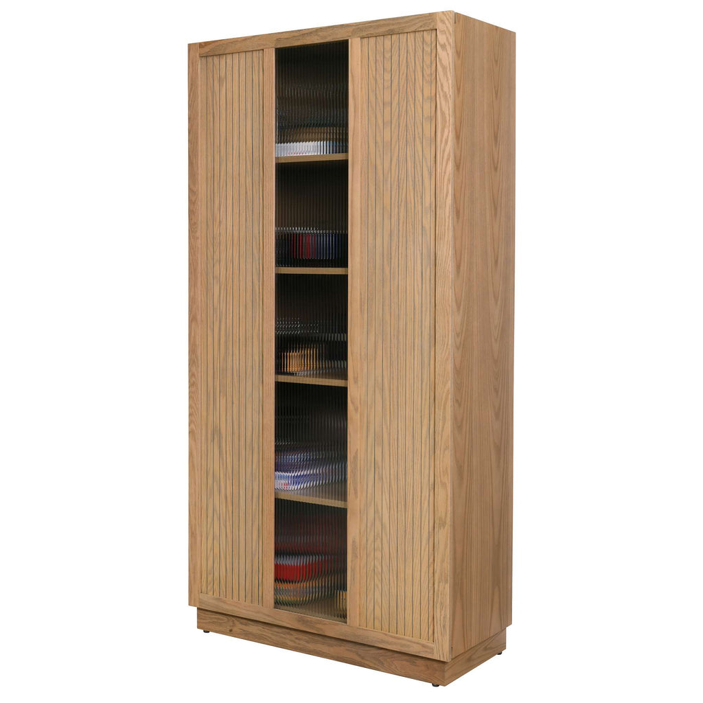 Wooden cabinet with slatted doors and multiple shelves