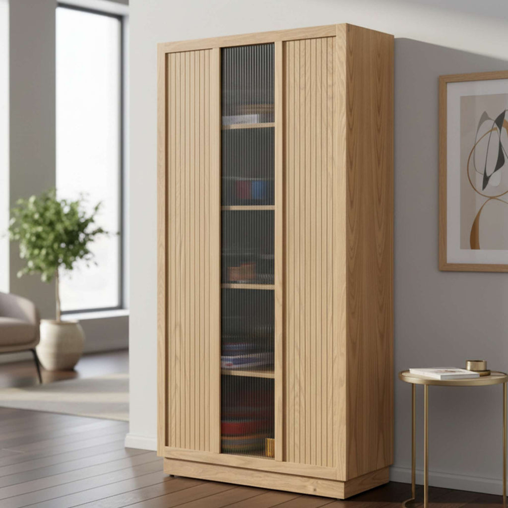 Wooden cabinet with glass doors in a modern living space