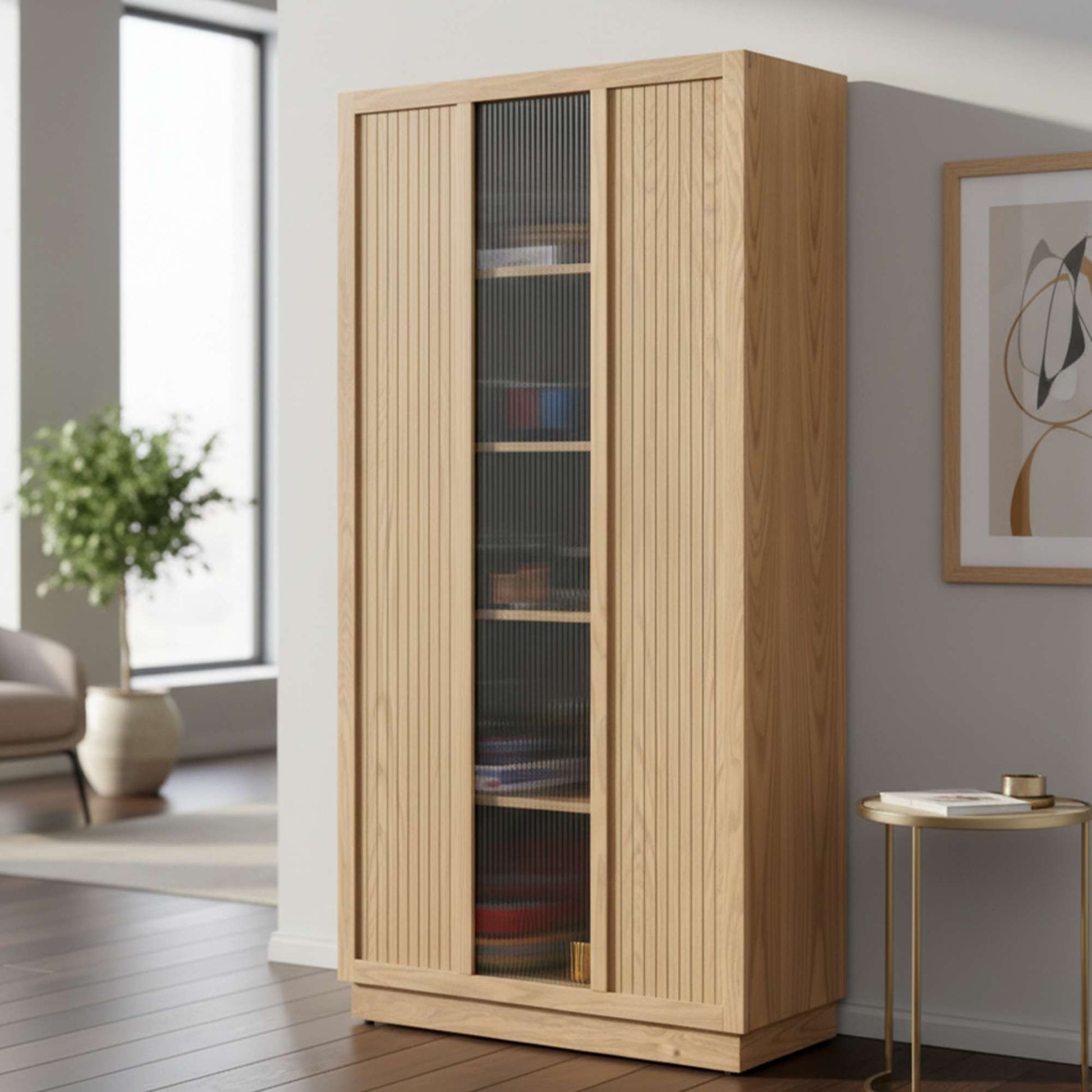 Wooden cabinet with glass doors in a modern living space