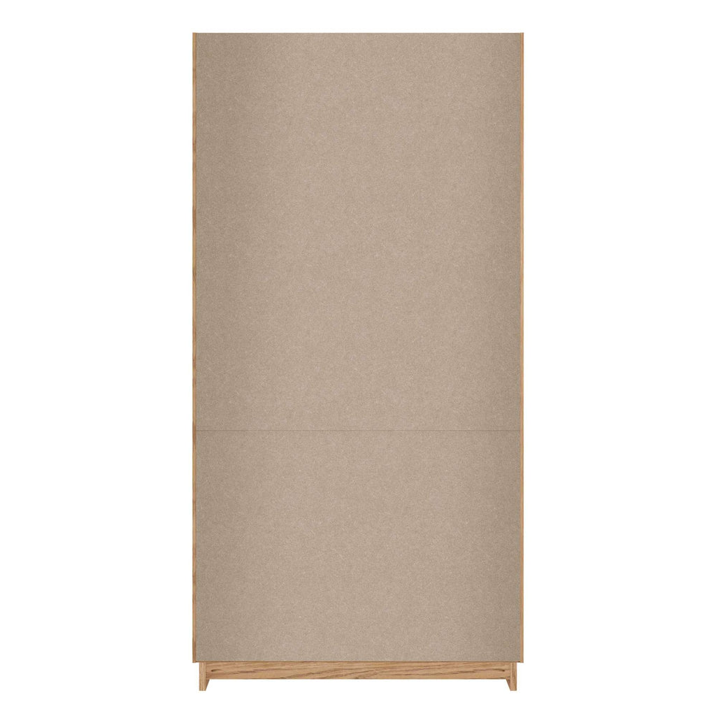 A tall, minimalist wardrobe with a clean, beige front and wooden base.
