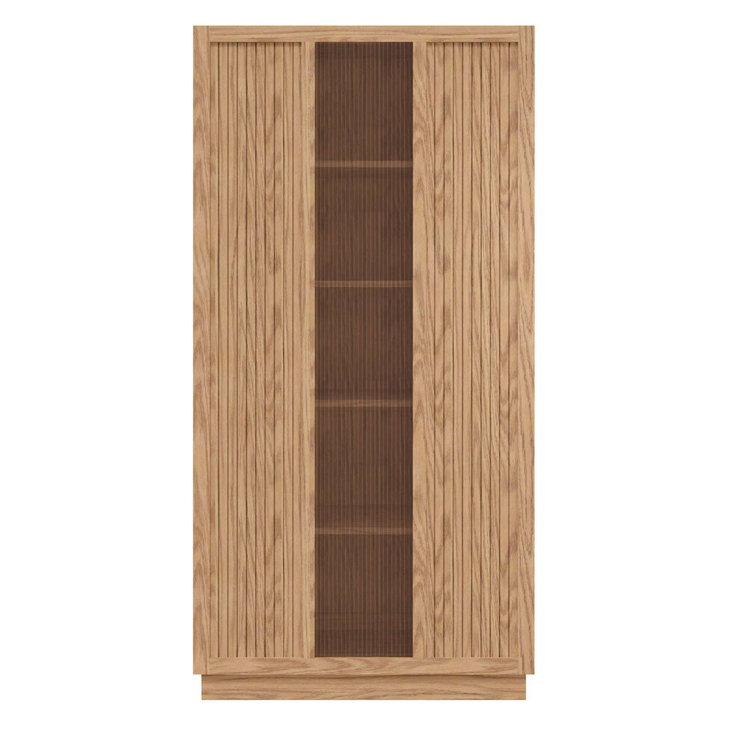 Wooden cabinet with a textured front and glass panels.