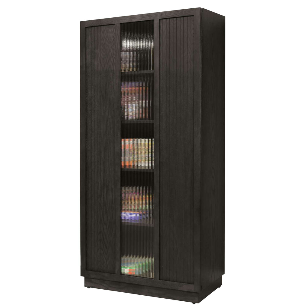 Dark wooden cabinet with vertical slats and glass doors, displaying colorful items inside.