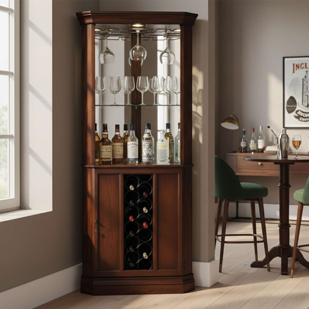 Elegant wooden bar cabinet displaying bottles and glassware