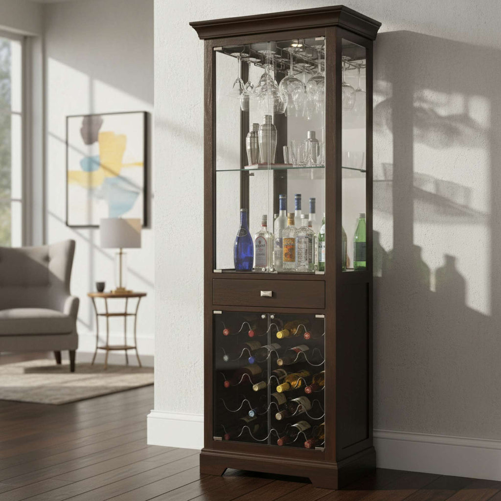 A wooden display cabinet with glass shelves showcasing various bottles and glasses, positioned in a well-lit living room.