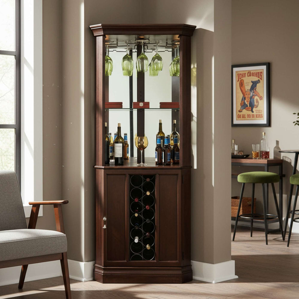 A wooden bar cabinet with glass doors displaying bottles of wine and glasses.