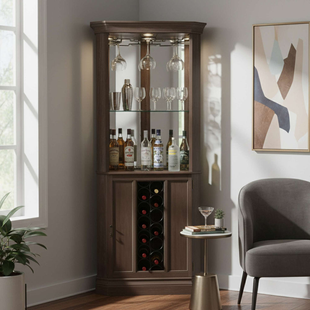 Corner bar cabinet with wine storage and glass display