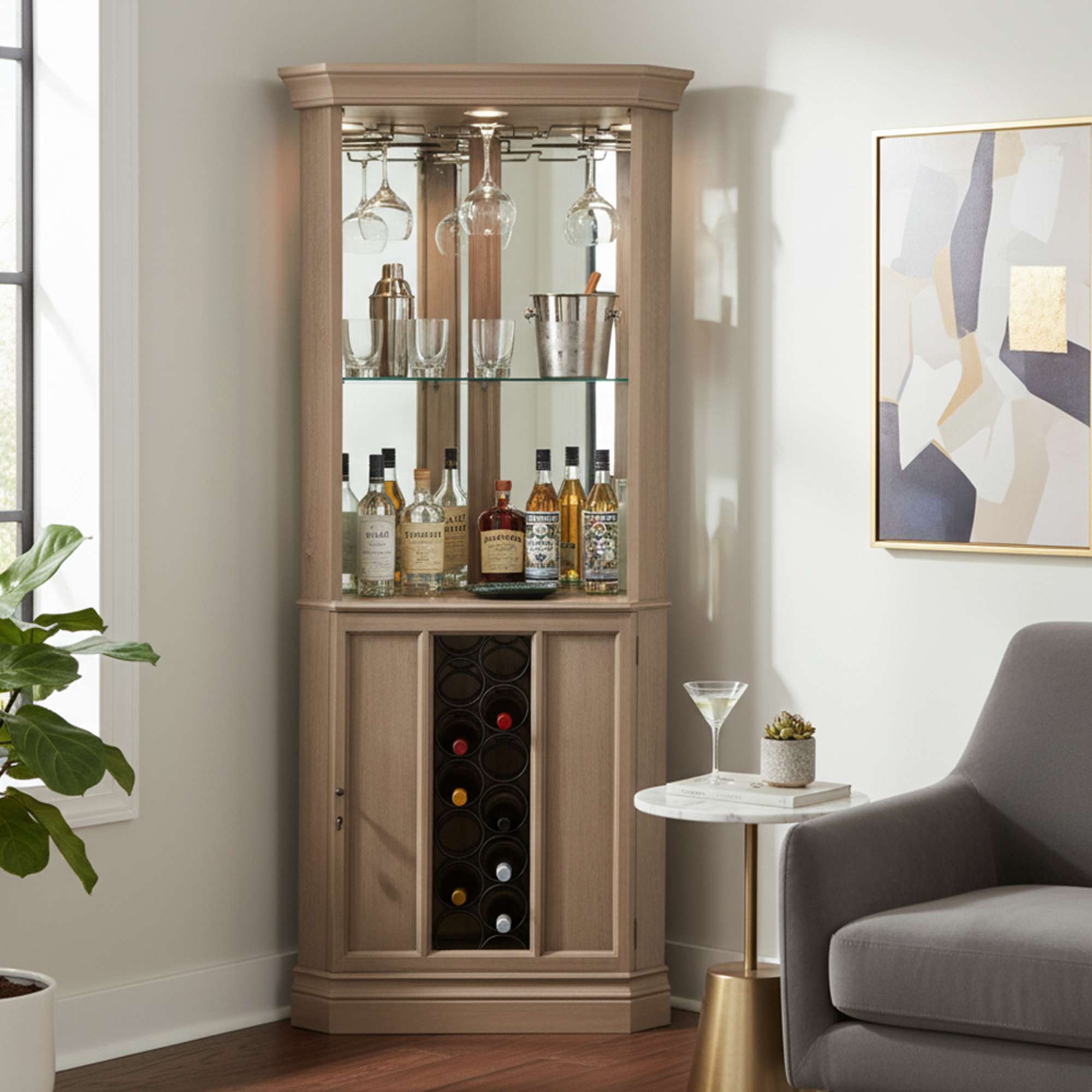 Corner bar cabinet displaying various bottles and glasses