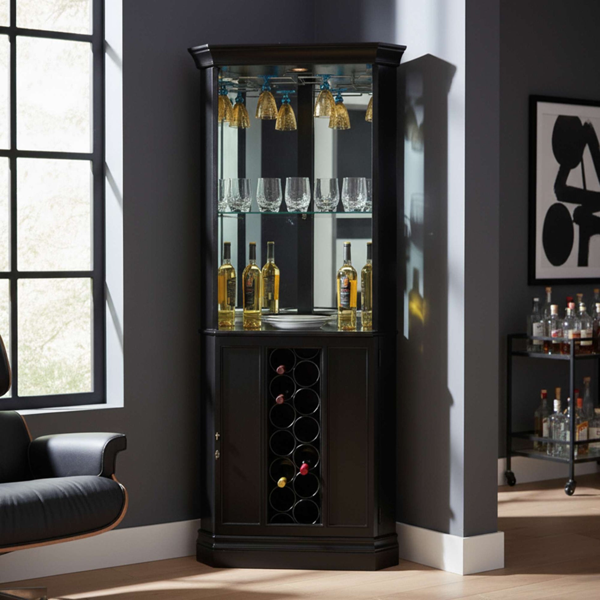 A stylish black bar cabinet with glass doors, showcasing bottles and glasses, in a modern interior.