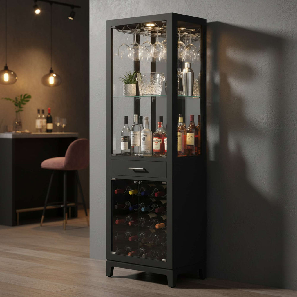 A stylish black cabinet displaying bottles and glasses in a modern home bar setting.