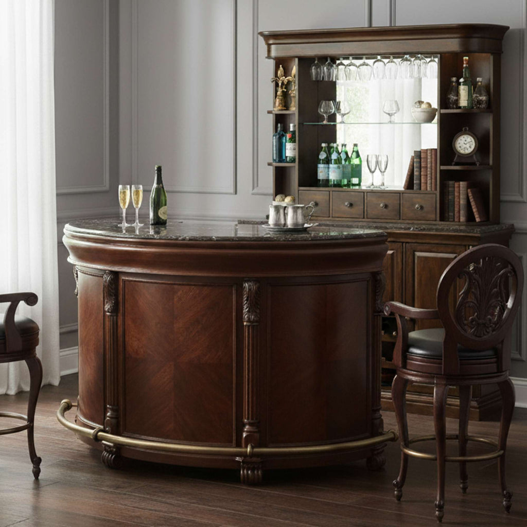Elegant wooden bar with a marble countertop, two glasses of champagne, and a display shelf with bottles.