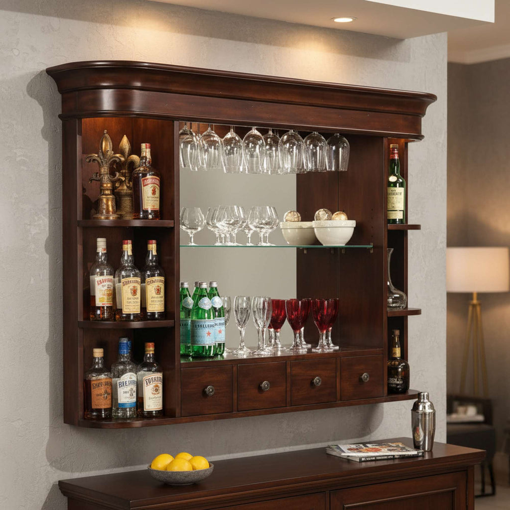 Wooden bar cabinet displaying various bottles, glasses, and a decorative vase