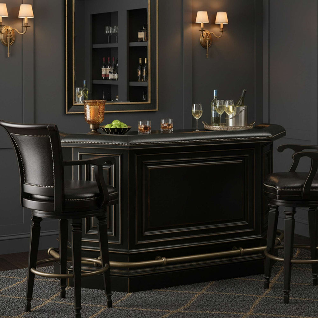 Stylish black home bar with high stools and elegant lighting