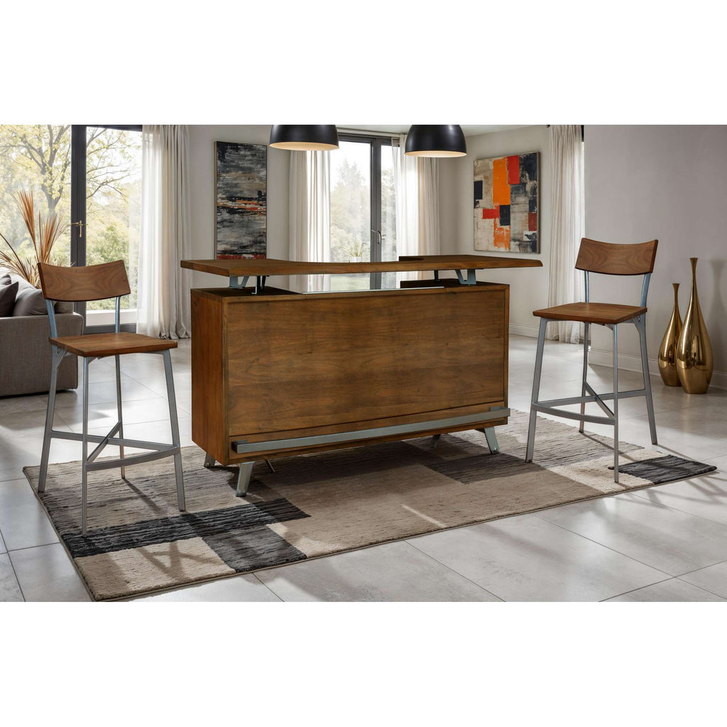 Modern wooden bar with two high stools and decorative setting