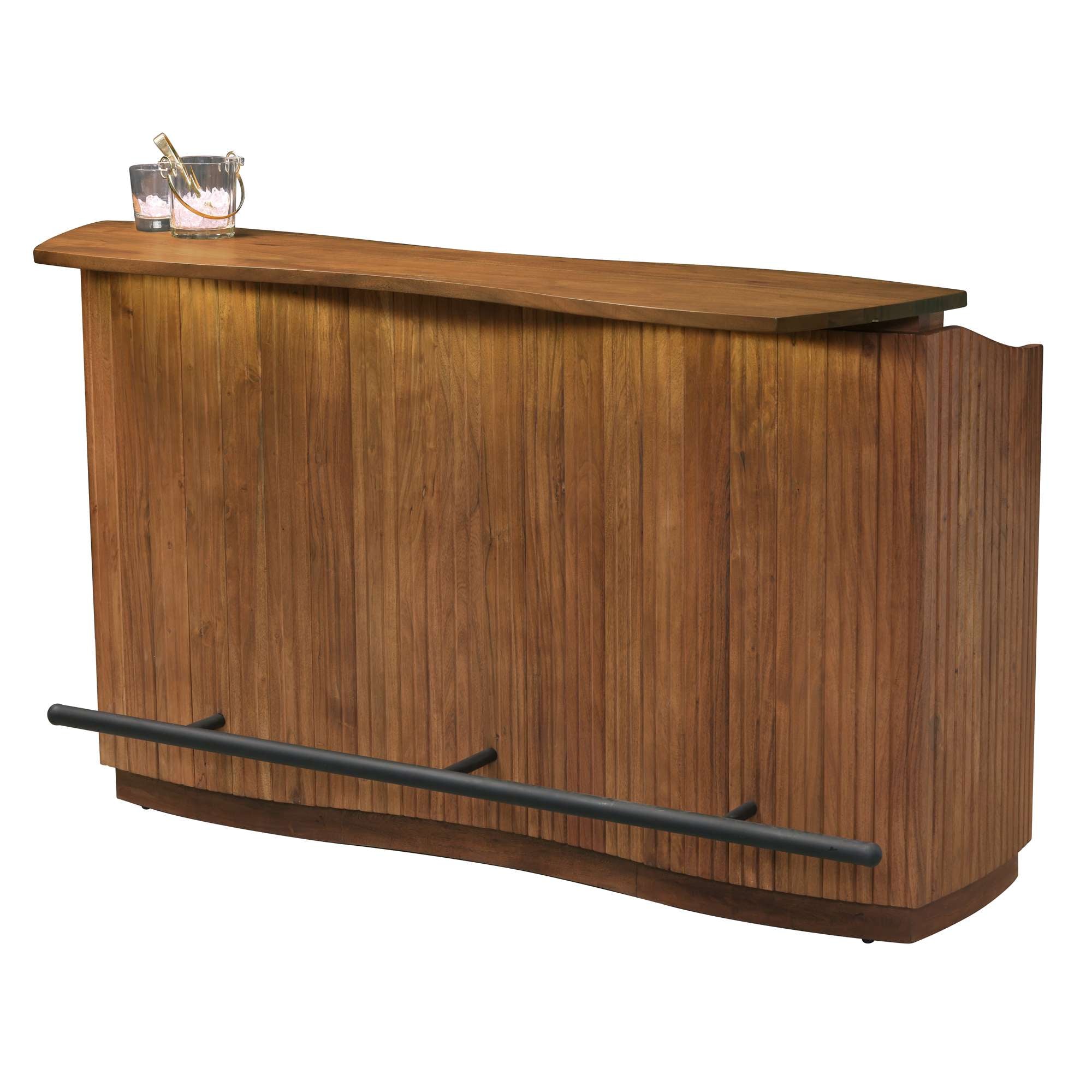 Stylish wooden bar with a sleek design and a bottle of champagne on top.