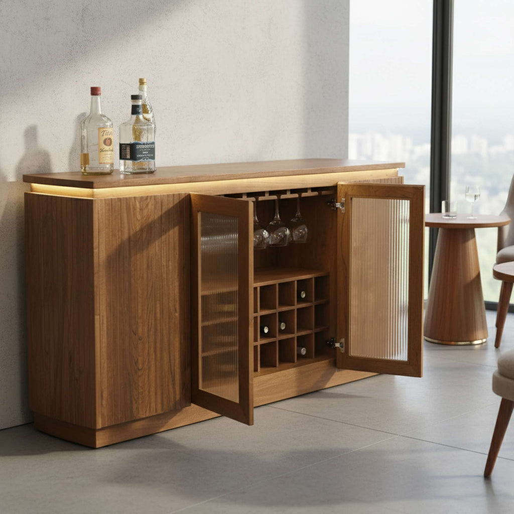 A modern wooden sideboard with open doors revealing wine storage and glassware.